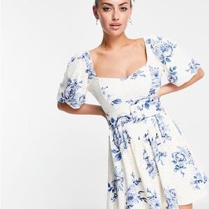 ASOS Blue and White Pleated Puff Sleeve Mini Dress